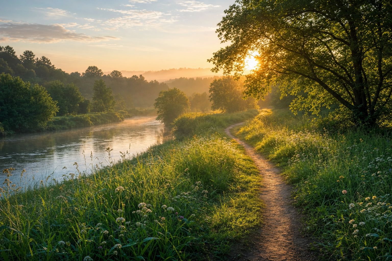 Camino junto al río al amanecer